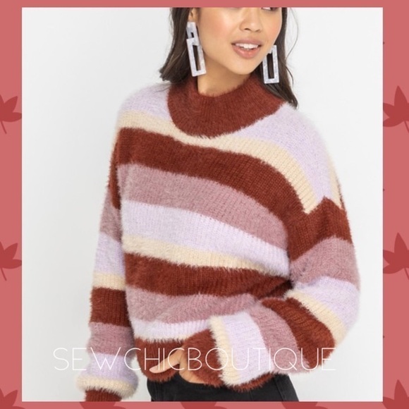 Mock Neck Fuzzy Striped Knit Sweater - Picture 4 of 8